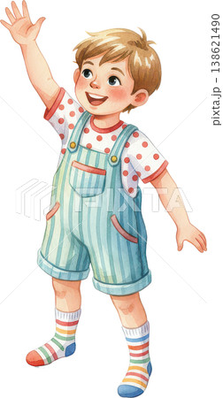 明るい笑顔で手を振るオーバーオール姿の男の子のイラスト 明るい笑顔で手を振るオーバーオール姿の男の子のイラスト 138621490