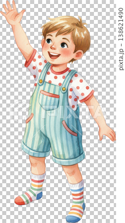 明るい笑顔で手を振るオーバーオール姿の男の子のイラスト 明るい笑顔で手を振るオーバーオール姿の男の子のイラスト 138621490