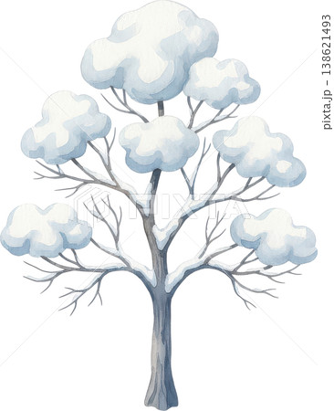 ふわふわの雪が積もった冬の木の優しい水彩イラスト 138621493