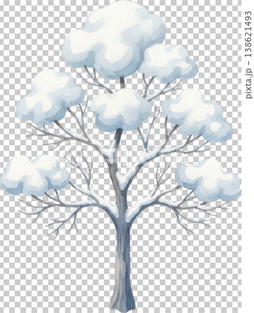 ふわふわの雪が積もった冬の木の優しい水彩イラスト 138621493