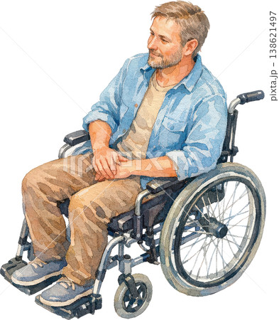 車椅子に座り穏やかに微笑む男性の水彩画イラスト 138621497
