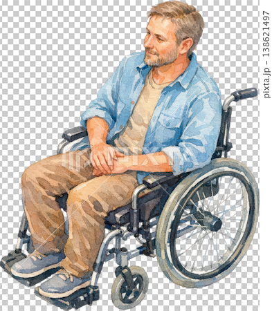 車椅子に座り穏やかに微笑む男性の水彩画イラスト 138621497