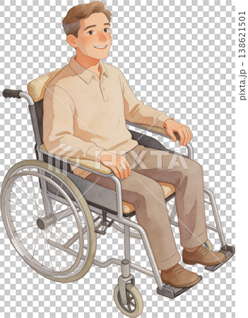 A middle-aged man in a wheelchair with a smile on his face. A middle-aged man in a wheelchair with a smile on his face. 138621501