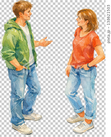 A casual conversation between a young man and woman, illustrated in a watercolor style. A casual conversation between a young man and woman, illustrated in a watercolor style. 138621503