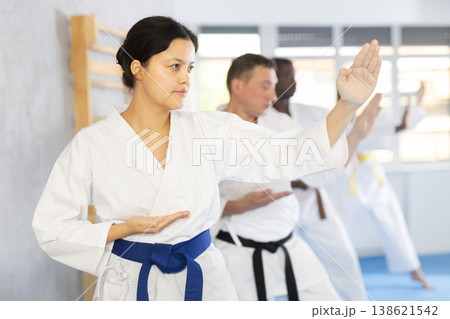 Multinational students repeat position and perform sequence of punches and painful techniques kata 138621542
