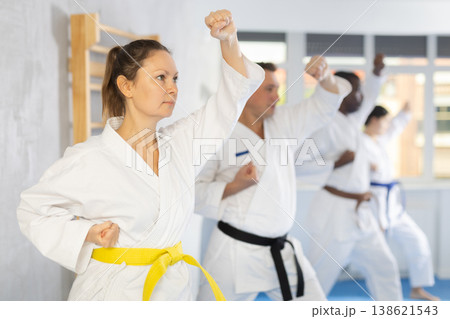 Group of multiethnic people training karate techniques 138621543