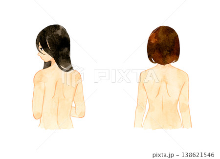 裸の若い女性の後ろ姿(上半身)セット 人物の手描き水彩イラスト素材 裸の若い女性の後ろ姿(上半身)セット 人物の手描き水彩イラスト素材 138621546