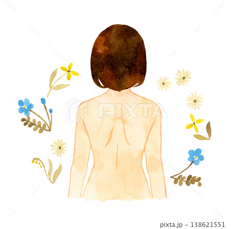 裸の若い女性の後ろ姿(上半身)&植物 人物の手描き水彩イラスト素材 裸の若い女性の後ろ姿(上半身)&植物 人物の手描き水彩イラスト素材 138621551