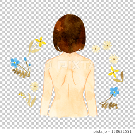 裸の若い女性の後ろ姿(上半身)&植物 人物の手描き水彩イラスト素材 裸の若い女性の後ろ姿(上半身)&植物 人物の手描き水彩イラスト素材 138621551