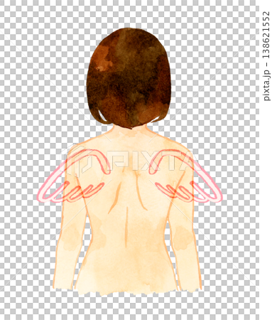 Back view (upper body) of a naked young woman with wings - Hand-drawn watercolor illustration of a person 138621552