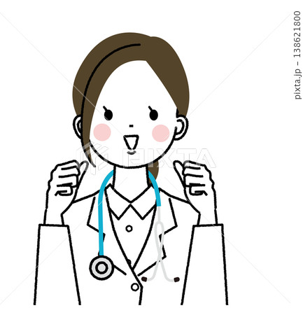 白衣を着た女性医師　両手をガッツポーズにして笑顔で応援している 138621800