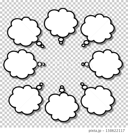A set of fluffy black-bordered white speech bubbles with shadows, perfect for thought and flashback scenes. A set of fluffy black-bordered white speech bubbles with shadows, perfect for thought and flashback scenes. 138622117