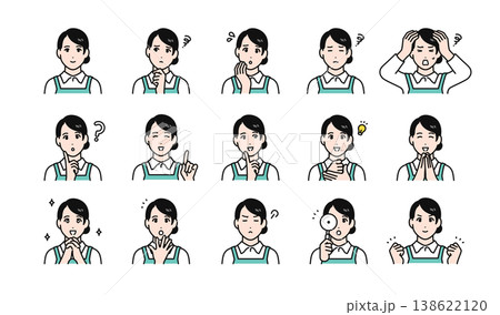 エプロン姿の女性スタッフの様々な表情バリエーションセット 138622120
