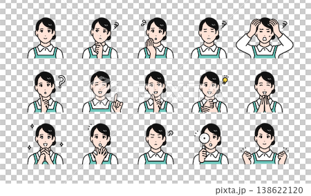 エプロン姿の女性スタッフの様々な表情バリエーションセット 138622120
