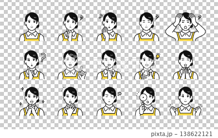エプロン 女性スタッフ表情バリエーション ベクターアイコンイラスト素材セット 138622121