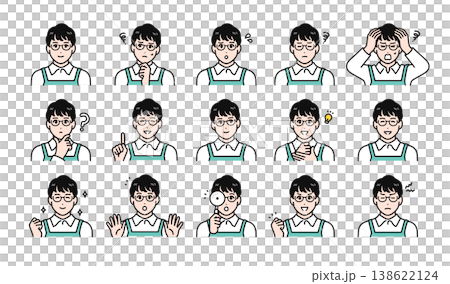 エプロン姿の男性スタッフの様々な表情バリエーションセット 138622124