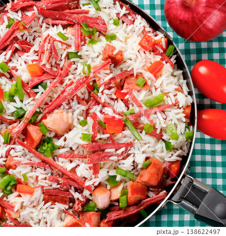 Arroz de Carreteiro, Carter's Rice, in the pan, a typical dish of Southern Brazilian cuisine with rice and dried meat 138622497