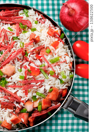 Arroz de Carreteiro, Carter's Rice, in the pan, a typical dish of Southern Brazilian cuisine with rice and dried meat Arroz de Carreteiro, Carter's Rice, in the pan, a typical dish of Southern Brazilian cuisine with rice and dried meat 138622500
