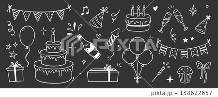 Birthday doodle icon element on chalkboard background. Hand drawn sketch doodle birthday cake, gift, event decoration element. Party, carnival celebration concept background. Vector 138622657