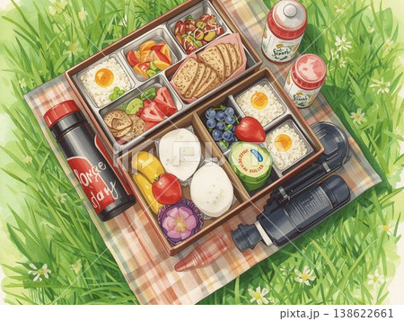 運動会やピクニックにぴったりの彩り豊かなお弁当を描いた水彩イラスト 運動会やピクニックにぴったりの彩り豊かなお弁当を描いた水彩イラスト 138622661