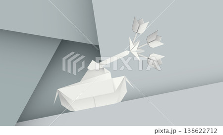 3D origami military Tank have flowers at the muzzles of cannon on gray background have blank space. 3D origami military Tank have flowers at the muzzles of cannon on gray background have blank space. 138622712