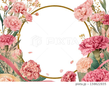 カーネーションと桜の花で彩った母の日向けのやさしい水彩フレーム背景 138622835