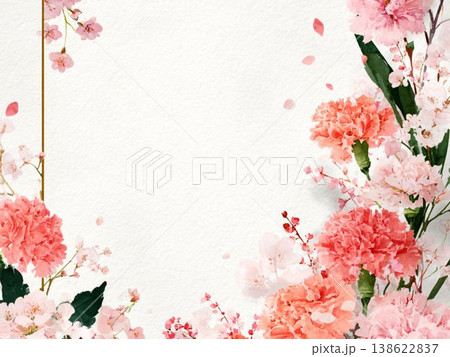カーネーションと桜の花で彩った母の日向けのやさしい水彩フレーム背景 138622837