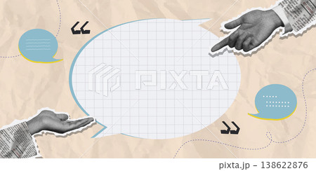 Speech bubble with pointing hands and quotes Speech bubble with pointing hands and quotes 138622876