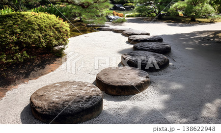 伝統的な日本庭園で先へと続く飛石の小道と手入れの行き届いた植栽が作り出す静寂な空間 138622948
