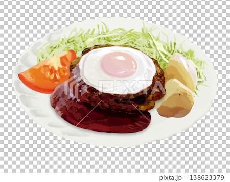 漢堡牛排上放一個煎蛋（配半釉汁），並配沙拉。 138623379
