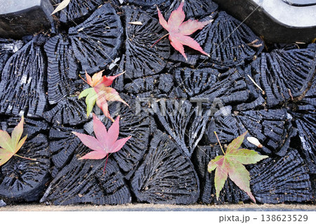 庭の地面に埋められた菊炭の上に散った楓の落葉 138623529