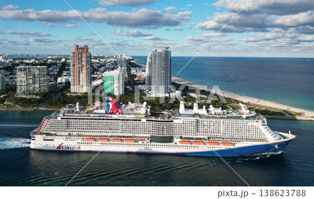 Miami, Florida, USA - November 24, 2024: Carnival Celebration cruise ship voyage. Cruise in summer vacation. Carnival Cruise line. Cruise ship tour and travel at sea. Ship leaving Miami beach port Miami, Florida, USA - November 24, 2024: Carnival Celebration cruise ship voyage. Cruise in summer vacation. Carnival Cruise line. Cruise ship tour and travel at sea. Ship leaving Miami beach port 138623788