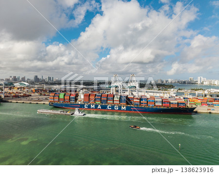 Miami, Florida - February 12, 2025: Freight container. Aerial Miami port with cargo container. Export and import. Port of Miami. Cargo ship loaded with container in Miami, aerial. Cargo port Miami, Florida - February 12, 2025: Freight container. Aerial Miami port with cargo container. Export and import. Port of Miami. Cargo ship loaded with container in Miami, aerial. Cargo port 138623916