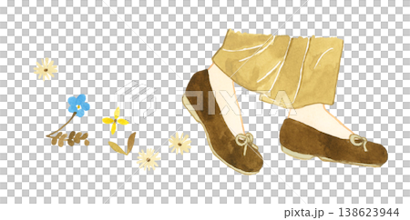 歩いている若い女性の両足と草花（ナチュラル系）　手描き水彩イラスト素材 138623944