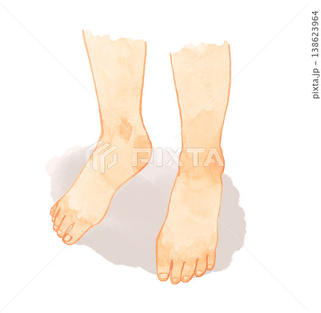 立っている若い人の両足（裸足）・影　人体・ボディパーツの手描き水彩イラスト素材 138623964