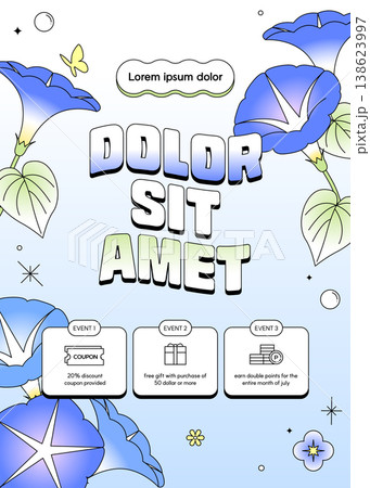 Summer Event Banner with Blue Morning Glory Flowers and Special Shopping Benefits Design 138623997