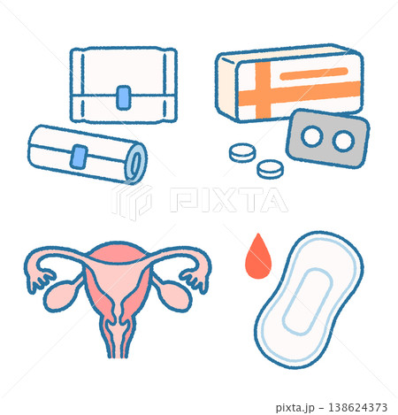 やさしいタッチの生理（鎮痛剤・子宮・ナプキン）のアイコン4点セット 138624373