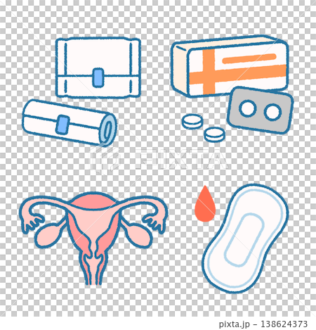 やさしいタッチの生理（鎮痛剤・子宮・ナプキン）のアイコン4点セット 138624373