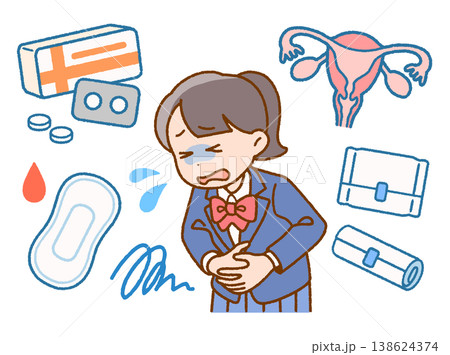 生理痛でお腹が痛い女子高校生のイラストセット 138624374