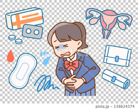 生理痛でお腹が痛い女子高校生のイラストセット 138624374