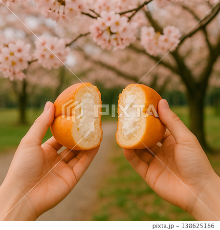 満開の桜の下で手でふたつに割る、クリームがたっぷり詰まった焼きたてのパン 138625186