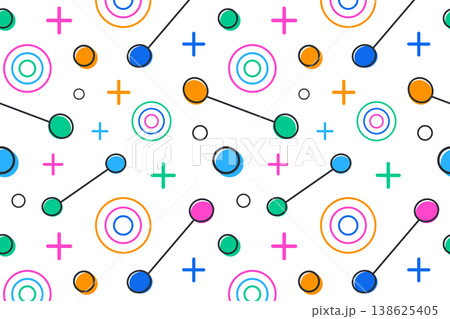 Colorful seamless pattern with bold geometric circles, rings, dots and cross shape. Memphis retro design, vibrant multicolor pop art 80s style, vector illustration for textile print and surface design Colorful seamless pattern with bold geometric circles, rings, dots and cross shape. Memphis retro design, vibrant multicolor pop art 80s style, vector illustration for textile print and surface design 138625405