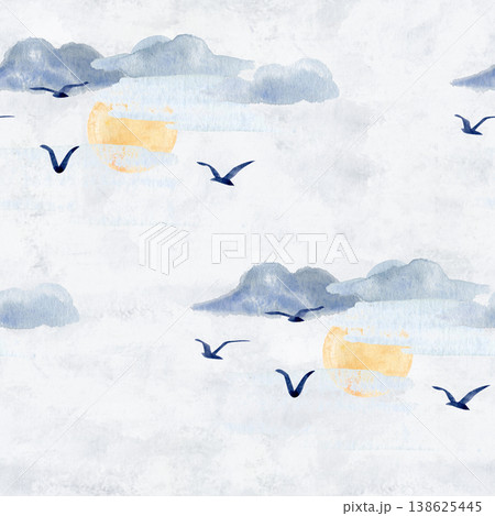 Minimal sky seamless pattern with clouds, sun and birds on textured background, hand painted watercolor illustration. Airy light design for fabric, wallpaper, wrapping paper and packaging decor 138625445