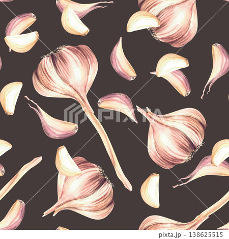Garlic seamless pattern. Watercolor Hand drawn whole bulb with cloves. Realistic painting fresh and dried vegetables or fragrant herbs. Illustration on isolated dark background. Culinary print design. Garlic seamless pattern. Watercolor Hand drawn whole bulb with cloves. Realistic painting fresh and dried vegetables or fragrant herbs. Illustration on isolated dark background. Culinary print design. 138625515