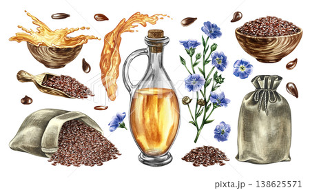 Flaxseed oil set. Hand-drawn watercolor illustration. Flax seeds, flowers, oil bottle, jute bags, oil splashes, and wooden bowl and scoop. For labels and packaging, banners, posters, and more. Flaxseed oil set. Hand-drawn watercolor illustration. Flax seeds, flowers, oil bottle, jute bags, oil splashes, and wooden bowl and scoop. For labels and packaging, banners, posters, and more. 138625571