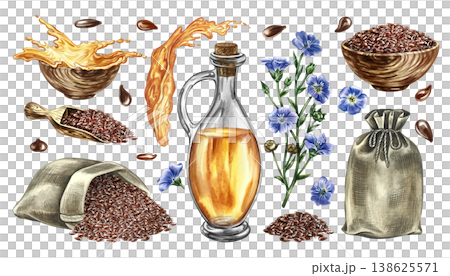 Flaxseed oil set. Hand-drawn watercolor illustration. Flax seeds, flowers, oil bottle, jute bags, oil splashes, and wooden bowl and scoop. For labels and packaging, banners, posters, and more. Flaxseed oil set. Hand-drawn watercolor illustration. Flax seeds, flowers, oil bottle, jute bags, oil splashes, and wooden bowl and scoop. For labels and packaging, banners, posters, and more. 138625571