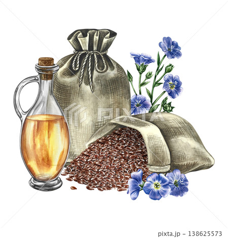 Flaxseed oil. Hand-drawn watercolor illustration. Flaxseed in a burlap bag, flax flowers, and a bottle of oil. An element of label and packaging design, as well as banners, posters, and more. 138625573