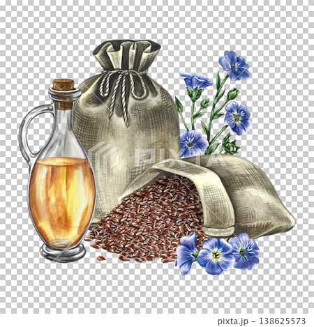 Flaxseed oil. Hand-drawn watercolor illustration. Flaxseed in a burlap bag, flax flowers, and a bottle of oil. An element of label and packaging design, as well as banners, posters, and more. 138625573