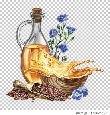 Flaxseed oil. Hand-drawn watercolor illustration. Flaxseed in a wooden spoon, flax flowers, a bottle of oil, and a splash of oil in a cup. For label and packaging design, banners, posters, and more. Flaxseed oil. Hand-drawn watercolor illustration. Flaxseed in a wooden spoon, flax flowers, a bottle of oil, and a splash of oil in a cup. For label and packaging design, banners, posters, and more. 138625577