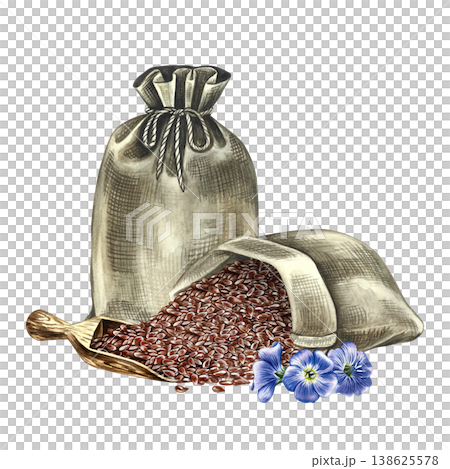 Flaxseed in a burlap bags and wooden scoop and blue flax flowers. Hand-drawn watercolor illustration. Element of design for labels and packaging, as well as banners, posters, and more. 138625578